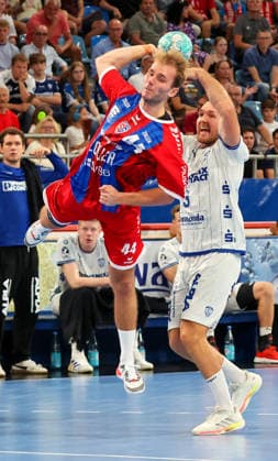 September 6, 2026, Germany, Bietigheim, Handball Bundesliga, 2026–2027 season: SG BBM Bietigheim vs. TBV Lemgo; from left: Mathias Larson (BBM), Christian O’Sullivan (TBV)