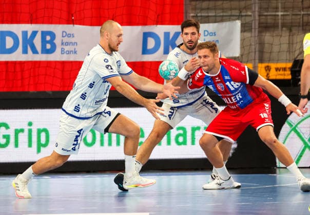 September 6, 2026, Germany, Bietigheim, Handball Bundesliga, 2026–2027 Season: SG BBM Bietigheim vs. TBV Lemgo; from left: Christian O Sullivan (TBV), Fabian Wiederstein (BBM), Hendrik Wagner (TBV)