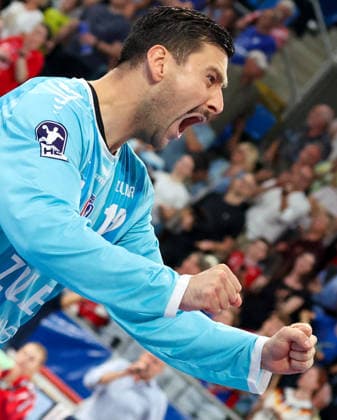 September 6, 2026, Germany, Bietigheim, Handball Bundesliga, 2026–2027 season, SG BBM Bietigheim vs. TBV Lemgo, Martin Tomovski (BBM) celebrates, celebration
