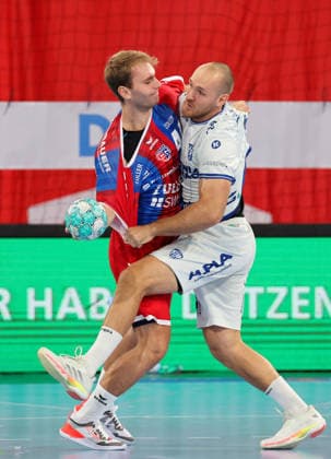 September 6, 2026, Germany, Bietigheim, Handball Bundesliga, 2026–2027 season: SG BBM Bietigheim vs. TBV Lemgo; from left: Mathias Larson (BBM), Christian O Sullivan (TBV)