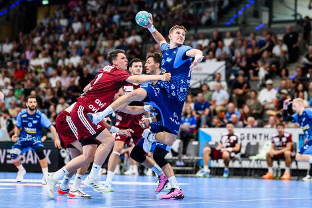 TVB Stuttgart vs. Füchse Berlin, Handball Bundesliga 1, Men s, 2026–2027 Season, TVB Stuttgart vs. Füchse Berlin, Simone Mengon of Stuttgart in action at the Porsche Arena, Stuttgart, Baden-Württemberg, Germany
