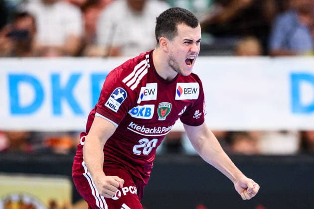 TVB Stuttgart vs. Füchse Berlin, Handball 1 Bundesliga, Men s, 2026–2027 Season, TVB Stuttgart vs. Füchse Berlin, Porsche Arena, Berlin s Tim Freihöfer celebrates, Stuttgart, Porsche Arena, Baden-Württemberg, Germany