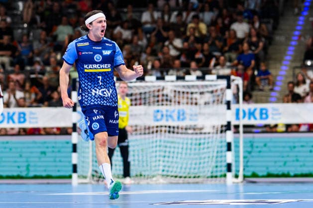 TVB Stuttgart vs. Füchse Berlin, Handball 1 Bundesliga, Men s, 2026–2027 Season, TVB Stuttgart vs. Füchse Berlin, Porsche Arena, Stuttgart s Kasper Lien celebrates, Stuttgart, Porsche Arena, Baden-Württemberg, Germany