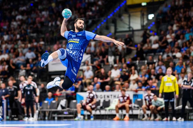 TVB Stuttgart vs. Füchse Berlin, Handball 1 Bundesliga, Men s, 2026–2027 Season, TVB Stuttgart vs. Füchse Berlin, Porsche Arena, Stuttgart s Mohamed Darmoul in action, Stuttgart, Porsche Arena, Baden-Württemberg, Germany