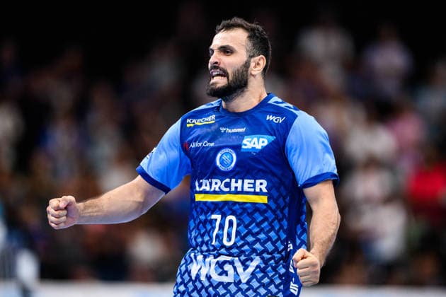 TVB Stuttgart vs. Füchse Berlin, Handball 1 Bundesliga, Men s, 2026–2027 Season, TVB Stuttgart vs. Füchse Berlin, Porsche Arena, Stuttgart s Mohamed Darmoul celebrates, Stuttgart, Porsche Arena, Baden-Württemberg, Germany