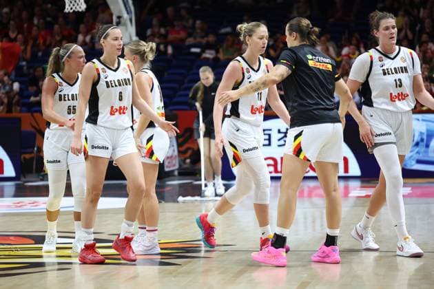 Belgian Cats players celebrate after scoring during a basketball game between Belgian national team, Nationalteam Belgian Cats and Australia, game 3 of the group phase at the FIBA Women s Basketball World Cup, on Monday 7 September 2026, in Berlin, Germany. The FIBA Women s Basketball World Cup takes place in Berlin from 4 to 23 September 2026. VIRGINIExLEFOUR  x185531430x