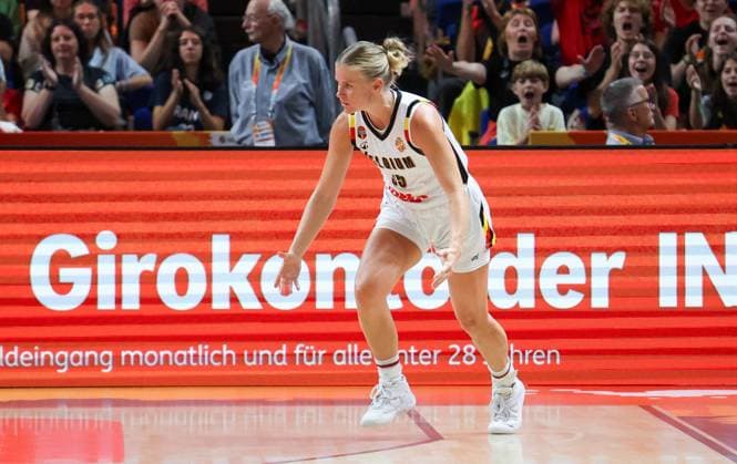 Belgium s Julie Vanloo celebrates during a basketball game between Belgian national team, Nationalteam Belgian Cats and Australia, game 3 of the group phase at the FIBA Women s Basketball World Cup, on Monday 7 September 2026, in Berlin, Germany. The FIBA Women s Basketball World Cup takes place in Berlin from 4 to 23 September 2026. VIRGINIExLEFOUR  x185535429x