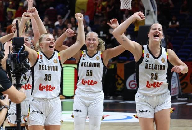 Belgian Cats players celebrate after winning a basketball game between Belgian national team, Nationalteam Belgian Cats and Australia, game 3 of the group phase at the FIBA Women s Basketball World Cup, on Monday 7 September 2026, in Berlin, Germany. The FIBA Women s Basketball World Cup takes place in Berlin from 4 to 23 September 2026. VIRGINIExLEFOUR  x185540857x
