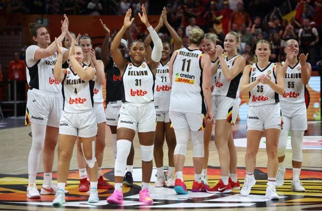 Belgian Cats players celebrate after winning a basketball game between Belgian national team, Nationalteam Belgian Cats and Australia, game 3 of the group phase at the FIBA Women s Basketball World Cup, on Monday 7 September 2026, in Berlin, Germany. The FIBA Women s Basketball World Cup takes place in Berlin from 4 to 23 September 2026. VIRGINIExLEFOUR  x185540851x