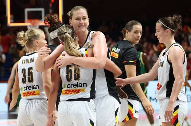 Belgium s Julie Allemand and Belgium s Emma Meesseman celebrate after winning a basketball game between Belgian national team, Nationalteam Belgian Cats and Australia, game 3 of the group phase at the FIBA Women s Basketball World Cup, on Monday 7 September 2026, in Berlin, Germany. The FIBA Women s Basketball World Cup takes place in Berlin from 4 to 23 September 2026. VIRGINIExLEFOUR  x185540831x