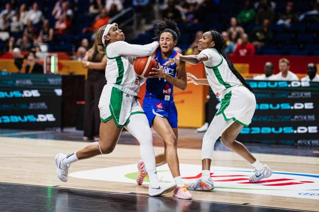 2026 FIBA Women’s Basketball World Cup: Nigeria vs. France, September 7, 2026: Leila Lacan (France), 71, vs. Amy Okonkwo (Nigeria), 0, and Jordan Obi (Nigeria), 5; Basketball; FIBA Women’s Basketball World Cup 2026; Group Stage; Group B; Matchday 3: Nigeria vs. France on September 7, 2026, at the Uber Arena, Berlin Copyright: xBEAUTIFULxSPORTS Tonhäuserx