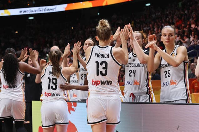 Britta Daub and Leonie Fiebich high-five as they take the court; Sports; Basketball; FIBA World Cup; Women s World Championship; 2026-2027 season; July 9, 2026; DBB; Germany (GER) vs. Mali