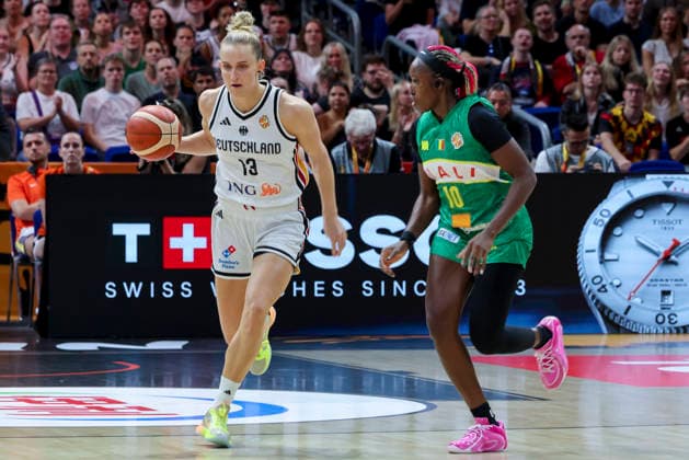 Leonie Fiebich of Germany and Maimouna Haidara of Mali battle for the ball during the FIBA Women’s Basketball World Cup Germany 2026 group match between Germany and Mali at the Berlin Arena on September 7, 2026, in Berlin, Germany. Photo by Marco Steinbrenner, DeFodi Images