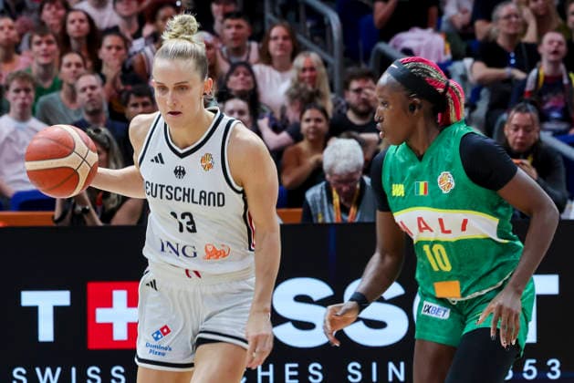 Leonie Fiebich of Germany and Maimouna Haidara of Mali battle for the ball during the FIBA Women’s Basketball World Cup Germany 2026 group match between Germany and Mali at the Berlin Arena on September 7, 2026, in Berlin, Germany. Photo by Marco Steinbrenner, DeFodi Images