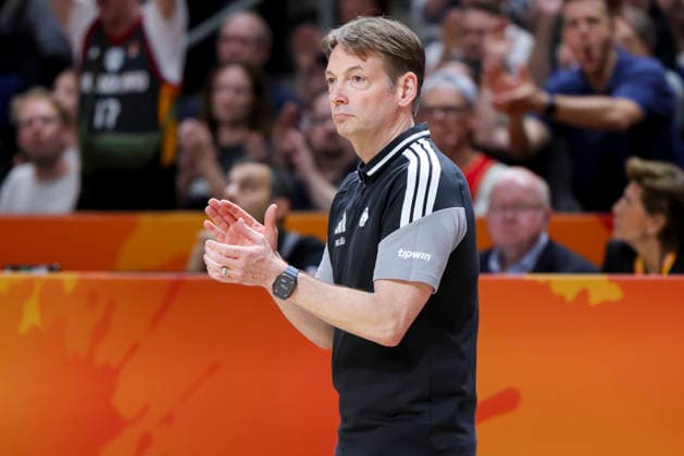 German national team coach Olaf Lange cheers as Germany plays Mali in a group stage match at the 2026 FIBA Women s Basketball World Cup in Germany at the Berlin Arena on September 7, 2026, in Berlin, Germany. Photo by Marco Steinbrenner, DeFodi Images
