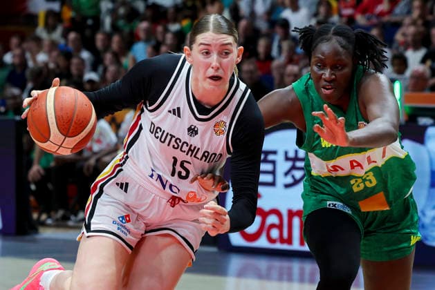 Luisa Geiselsoder of Germany and Sika Kone of Mali battle for the ball during the FIBA Women s Basketball World Cup Germany 2026 group match between Germany and Mali at the Berlin Arena on September 7, 2026, in Berlin, Germany. Photo by Marco Steinbrenner, DeFodi Images