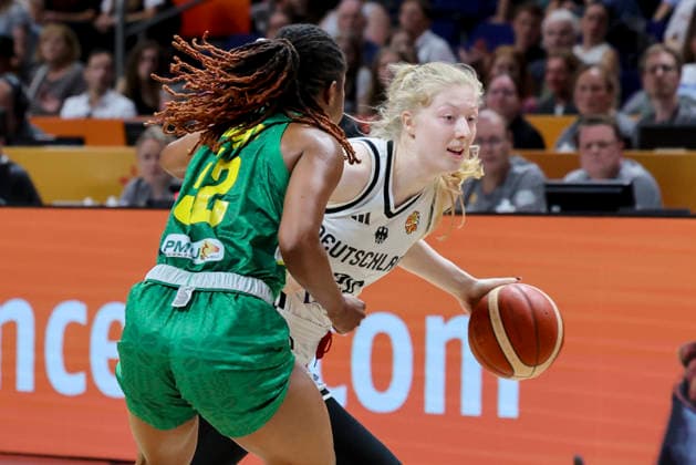 Rokia Doumbia of Mali and Frieda Buhner of Germany battle for the ball during the FIBA Women’s Basketball World Cup Germany 2026 group match between Germany and Mali at Berlin Arena on September 7, 2026, in Berlin, Germany. Photo by Marco Steinbrenner, DeFodi Images