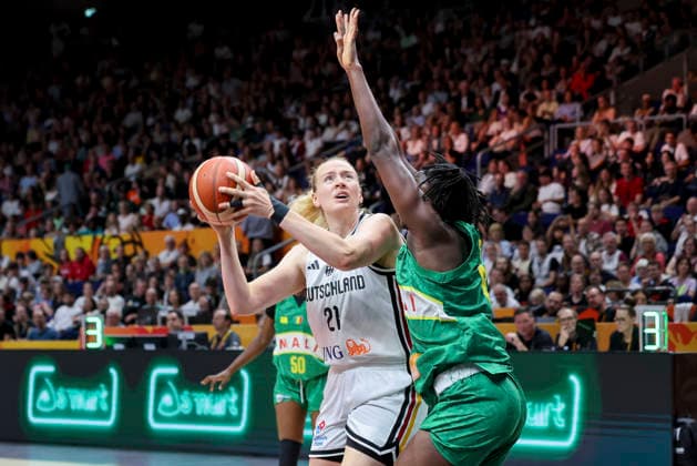 Marie Guelich of Germany and Rokia Doumbia of Mali battle for the ball during the FIBA Women s Basketball World Cup Germany 2026 group match between Germany and Mali at the Berlin Arena on September 7, 2026, in Berlin, Germany. Photo by Marco Steinbrenner, DeFodi Images