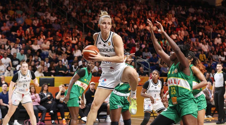 Leonie Fiebich grabs the rebound; Sika Kone in a duel; Game highlight; Action; Sports; Basketball; FIBA World Cup; Women s World Championship; 2026-2027 season; July 9, 2026; DBB; Germany (GER) vs. Mali