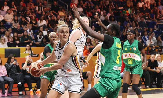 Leonie Fiebich with the ball, Aminata Sangare, tackle, game action, sports, basketball, FIBA World Cup, Women s World Championship, 2026-2027 season, July 9, 2026, DBB, Germany (GER) vs. Mali