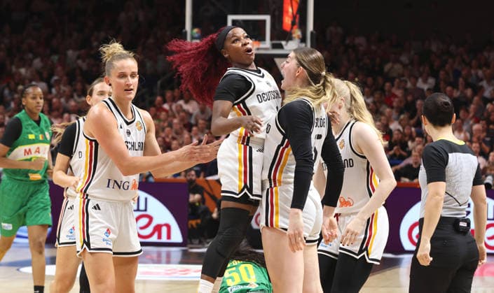 Leonie Fiebich and Alexis Peterson celebrate with Luisa Geiselsöder; Sports; Basketball; FIBA World Cup; Women s World Championship; 2026–2027 Season; July 9, 2026; DBB; Germany (GER) vs. Mali