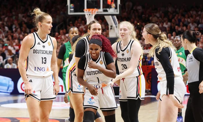 Leonie Fiebich, Alexis Peterson celebrates, Frieda Bühner, Luisa Geiselsöder Action Upper Body Sports Basketball FIBA World Cup Women s World Championship 2026 Season 2027 July 9, 2026 DBB Germany GER vs. Mali