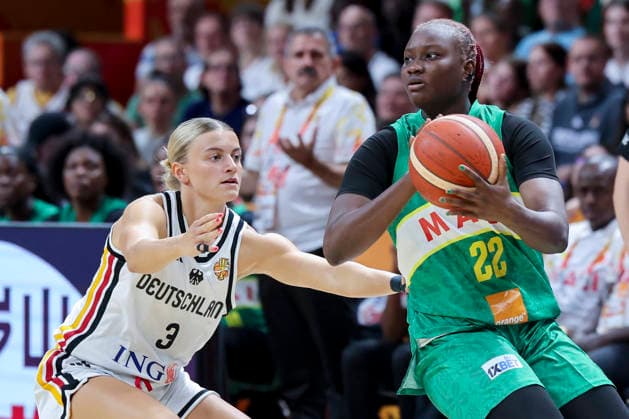 Alexandra Wilke of Germany and Kamite Elisabeth Dabou of Mali battle for the ball during the FIBA Women s Basketball World Cup Germany 2026 group match between Germany and Mali at the Berlin Arena on September 7, 2026, in Berlin, Germany. Photo by Marco Steinbrenner, DeFodi Images