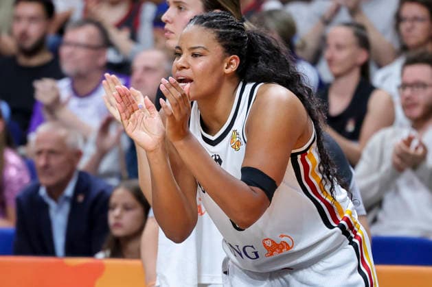 Nyara Sabally of Germany cheers during the FIBA Women s Basketball World Cup Germany 2026 group match between Germany and Mali at the Berlin Arena on September 7, 2026, in Berlin, Germany. Photo by Marco Steinbrenner, DeFodi Images