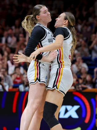 Luisa Geiselsoder of Germany and Lina Sontag of Germany cheer during the FIBA Women s Basketball World Cup Germany 2026 group match between Germany and Mali at the Berlin Arena on September 7, 2026, in Berlin, Germany. Photo by Marco Steinbrenner, DeFodi Images