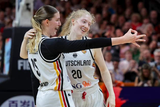 Luisa Geiselsoder of Germany and Frieda Buhner of Germany cheer during the FIBA Women s Basketball World Cup Germany 2026 group match between Germany and Mali at the Berlin Arena on September 7, 2026, in Berlin, Germany. Photo by Marco Steinbrenner, DeFodi Images