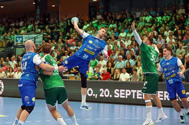 September 7, 2026, xovx, Opel Handball Bundesliga, HSG Wetzlar vs. ThSV Eisenach; Peter Walz (ThSV Eisenach), Petter Överby (HSG Wetzlar), Dominik Solak (ThSV Eisenach), Paul Kompenhans (HSG Wetzlar), Felix Aellen (ThSV Eisenach); Wetzlar, Buderus Arena, Hesse, Germany, DE