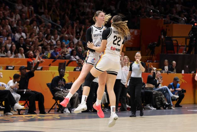 Luisa Geiselsöder celebrates after scoring a three-pointer with Emily Bessoir; Joy, Emotion, Celebration, Sports, Basketball, FIBA World Cup, Women s World Championship, 2026-2027 Season, July 9, 2026, DBB, Germany (GER) vs. Mali