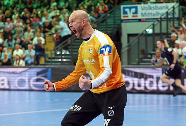 September 7, 2026, xovx, Opel Handball Bundesliga, HSG Wetzlar vs. ThSV Eisenach; Bart Ravensbergen celebrates for HSG Wetzlar; Wetzlar Buderus Arena, Hesse, Germany, DE