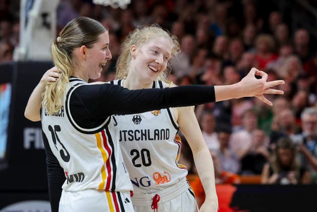 Luisa Geiselsoder of Germany and Frieda Buhner of Germany cheer during the FIBA Women s Basketball World Cup Germany 2026 group match between Germany and Mali at the Berlin Arena on September 7, 2026, in Berlin, Germany. Photo by Marco Steinbrenner, DeFodi Images