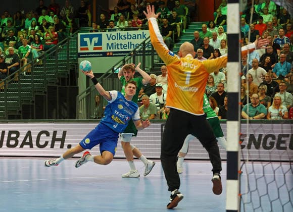 September 7, 2026, xovx, Handball, Opel Handball Bundesliga, HSG Wetzlar vs. ThSV Eisenach, from left: Oskar Joelsson (ThSV Eisenach), Niklas Theiß (HSG Wetzlar), Bart Ravensbergen (HSG Wetzlar), Tristan Kirschner (HSG Wetzlar), Wetzlar, Buderus Arena, Hesse, Germany, DE