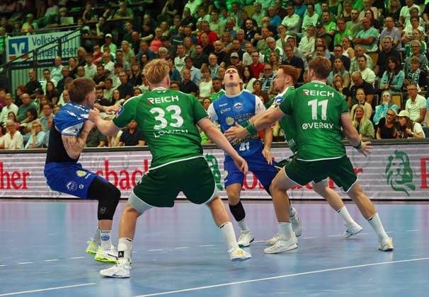 September 7, 2026, xovx, Opel Handball Bundesliga, HSG Wetzlar vs. ThSV Eisenach: Elias Scholtes (ThSV Eisenach), Georg Löwen (HSG Wetzlar), Vukasin Antonijevic (ThSV Eisenach), Tomas Piroch (HSG Wetzlar), Petter Överby (HSG Wetzlar) – Wetzlar Buderus Arena, Hesse, Germany, DE
