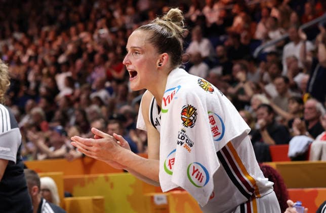 Leonie Fiebich celebrates, cheers on Action Upper Body Sports Basketball FIBA World Cup Women s World Championship 2026-2027 Season July 9, 2026 DBB Germany GER vs. Mali