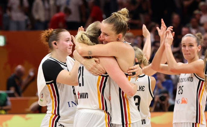 Marie Guelich, Leonie Fiebich, DBB team celebrates after the game; joy, emotion, sports, basketball, FIBA World Cup, Women s World Championship, 2026-2027 season, July 9, 2026, DBB, Germany (GER) vs. Mali
