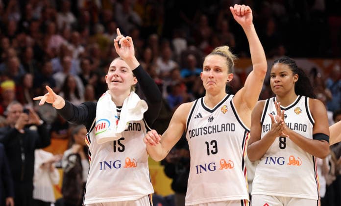 Luisa Geiselsöder, Leonie Fiebich, Nyara Sabally, DBB team celebrates after the game Joy Emotion Sports Basketball FIBA World Cup Women s World Championship 2026-2027 season July 9, 2026 DBB Germany GER vs. Mali