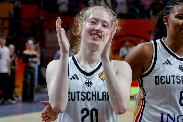 Frieda Buhner of Germany cheers during the FIBA Women s Basketball World Cup Germany 2026 group match between Germany and Mali at the Berlin Arena on September 7, 2026, in Berlin, Germany. Photo by Marco Steinbrenner, DeFodi Images