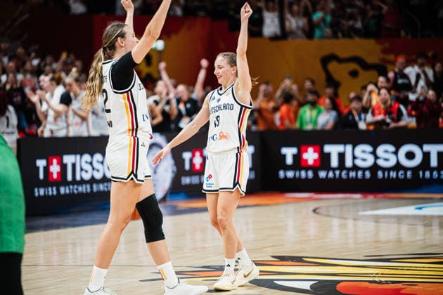 2026 FIBA Women’s Basketball World Cup: Germany vs. Mali, September 7, 2026; Germany celebrates; Britta Daub (Germany, 19); Emily Bessoir (Germany, 22); Basketball, FIBA Women’s Basketball World Cup 2026, Group Stage, Group A, Matchday 3: Germany vs. Mali on September 7, 2026, at the Uber Arena, Berlin Copyright: xBEAUTIFULxSPORTS Tonhäuserx