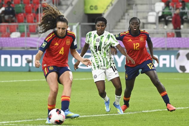 IPA88247347 - Silvia Cristobal (ESP), Mary Mamudu (NGA), and Aicha Camara (ESP) during the FIFA U-20 Women s World Cup match between Spain and Nigeria in Sosnowiec, Poland, on September 7, 2026  Copyright: xMichalxDubiel IPAxSportx xx IPA88247347