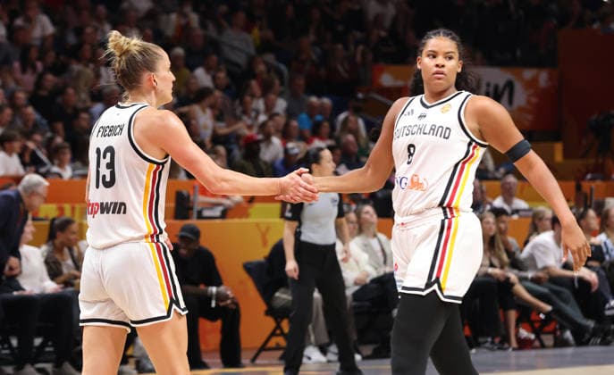 Leonie Fiebich high-fives Nyara Sabally Action Upper Body Sports Basketball FIBA World Cup Women s World Championship 2026-2027 Season July 9, 2026 DBB Germany GER vs. Mali