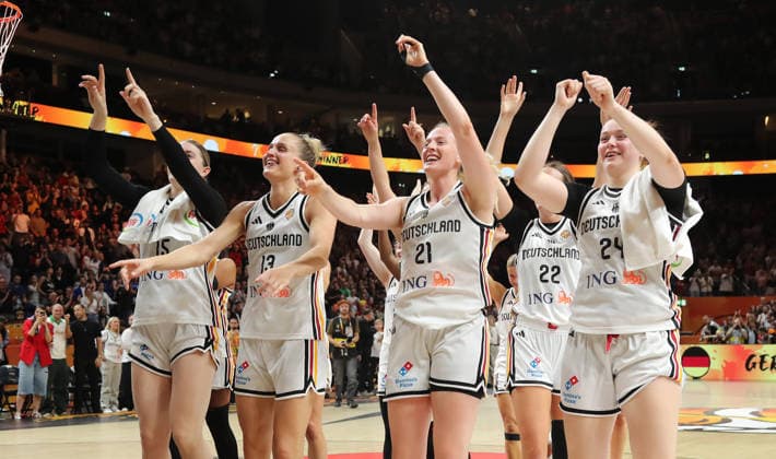 Luisa Geiselsöder, Leonie Fiebich, Marie Gülich, Emily Bessoir, Lina Sontag, DBB team celebrates after the game Joy Emotion Sports Basketball FIBA World Cup Women’s World Championship Season 2026 2027 July 9, 2026 DBB Germany GER vs. Mali