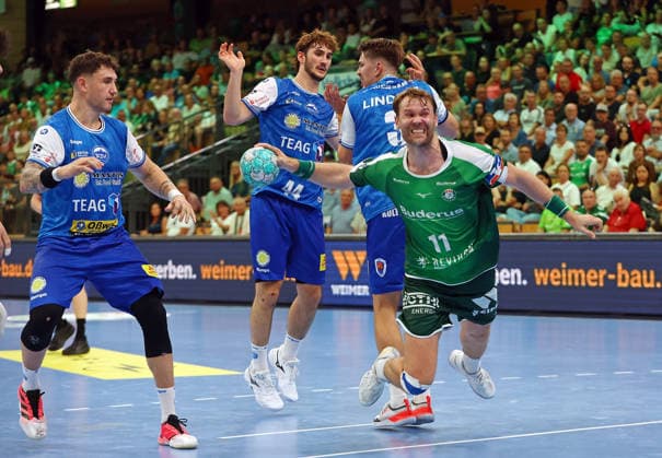 September 7, 2026, xovx, Handball, Opel Handball Bundesliga, HSG Wetzlar vs. ThSV Eisenach, Justin Kurch (ThSV Eisenach), Stephan Seitz (ThSV Eisenach), Oskar Joelsson (ThSV Eisenach), Petter Överby (HSG Wetzlar), Wetzlar, Buderus Arena, Hesse, Germany, DE