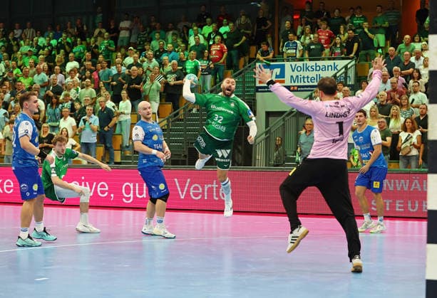 September 7, 2026, xovx, Opel Handball Bundesliga, HSG Wetzlar vs. ThSV Eisenach, Felix Aellen (ThSV Eisenach), Niklas Theiß (HSG Wetzlar), Peter Walz (ThSV Eisenach), Nikolaj Laesö (HSG Wetzlar), Matija Spikic (ThSV Eisenach), Gian Attenhofer (ThSV Eisenach), Wetzlar, Buderus Arena, Hesse, Germany, DE