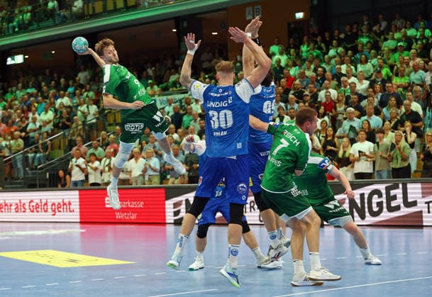 September 7, 2026, xovx, Opel Handball Bundesliga, HSG Wetzlar vs. ThSV Eisenach, Niklas Theiß (HSG Wetzlar), Peter Walz (ThSV Eisenach), Dominik Solak (ThSV Eisenach), Tillman Leu (ThSV Eisenach), Dominik Mappes (HSG Wetzlar), Georg Löwen (HSG Wetzlar), Wetzlar Buderus Arena, Hesse, Germany, DE