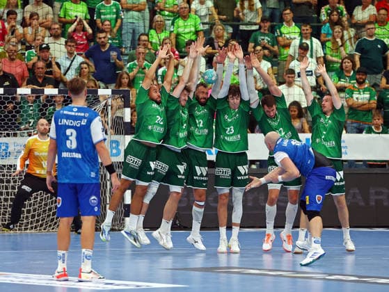 September 7, 2026, xovx, Opel Handball Bundesliga, HSG Wetzlar vs. ThSV Eisenach—A heated moment at the end of the game; from left: Laszlo Bartucz (HSG Wetzlar), Oskar Joelsson (ThSV Eisenach), Cyrill Akakpo (HSG Wetzlar), Niklas Theiß (HSG Wetzlar), Nikolaj Laesö (HSG Wetzlar), who gets hit in the face by the ball, Marti Soler (HSG Wetzlar), Peter Walz (ThSV Eisenach), Jona Schoch (HSG Wetzlar), Dominik Mappes (HSG Wetzlar); Wetzlar, Buderus Arena, Hesse, Germany, DE