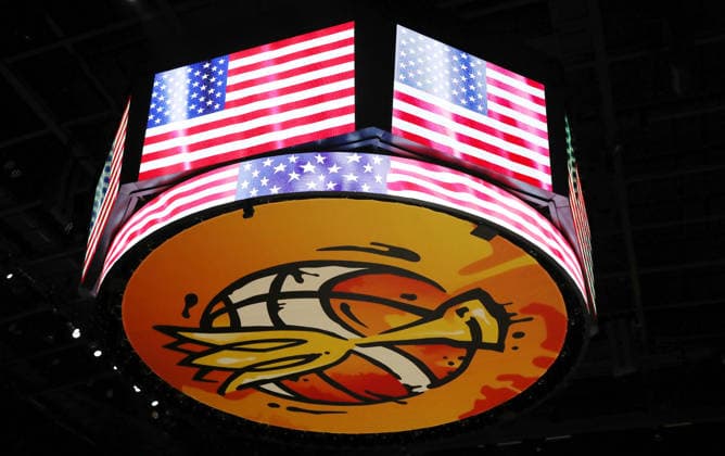 Scoreboard with U.S. flag, World Cup logo, sports, basketball, FIBA World Cup, Women s World Championship, 2026–2027 season, July 9, 2026, USA vs. Czech Republic, CZE