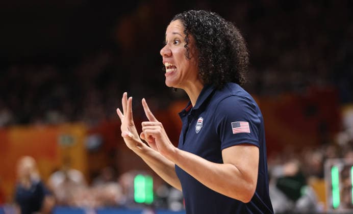 Coach Cara Lawson gives instructions; Upper Body Exercise; Basketball; FIBA World Cup; Women s World Championship; 2026–2027 Season; July 9, 2026; USA vs. Czech Republic; CZE